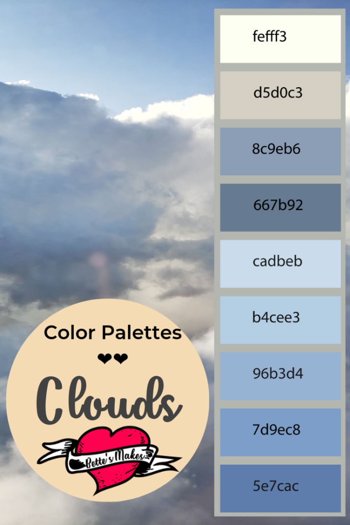 Clouds color palette gives you a real idea around what colors clouds really are. We imagine white and gray but did you know they are also blue? Use this color palette as a basis for watercolor art and more from bettesmakes.com