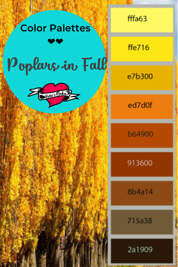 With Fall upon us - this Poplars in Fall color palette is ideal for all your Autumn crafting color needs. Use this palette for Hallowe'en, Thanksgiving, or at any time! Perfect for paper crafts, DIY Home Decor, and creating anything for the fall. All FREE downloadables at BettesMakes.com