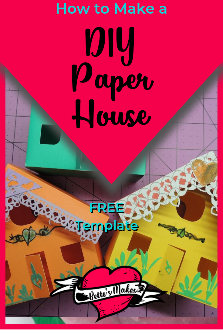 Easy to make Paper Houses using your Cricut machine for cutting the template pieces. Lots of family fun - for special occasions such as Haloween or Christmas you can change the decor! Just imagine what you can create. The template is downloadable from https://BettesMakes.com/library #cricut #cricutcraft #cricutproject #cricutidea #paperhouse #papercraft